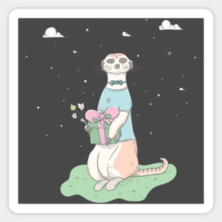 Lovely cute meerkat with a gift and a bouquet Sticker